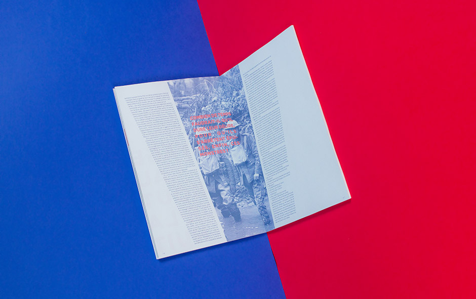 Magazine, layout, experimental, blue, red